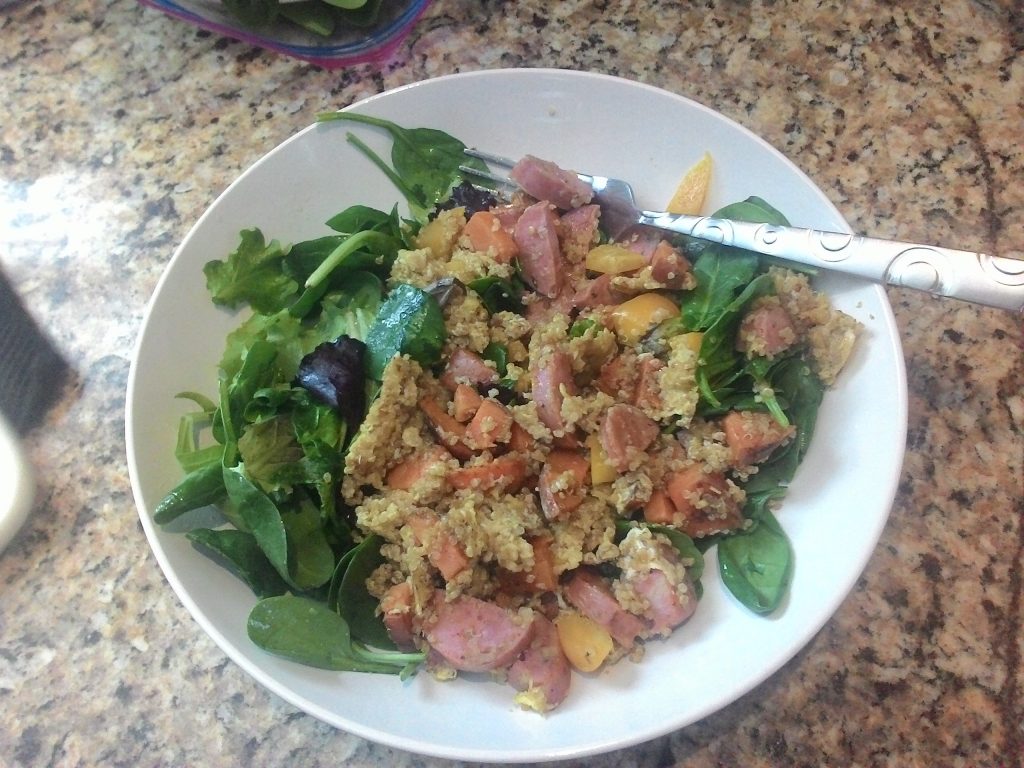 Sausage, spinich, quinoa. Arguably shouldn't eat sausage if trying to limit fat in this meal.